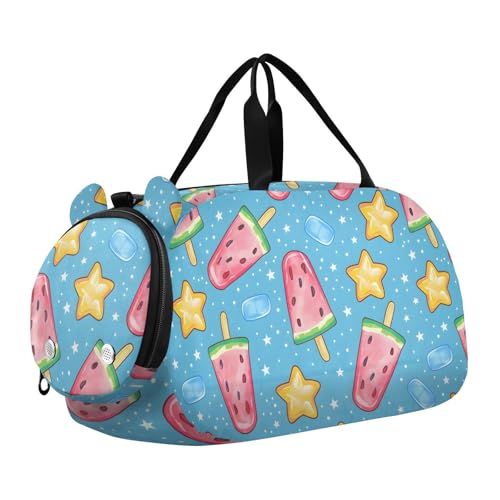Duffle Bag for Boys or Girls with Shoes Compartment, Watermelon Popsicles Stars Sports Travel Bag Overnight