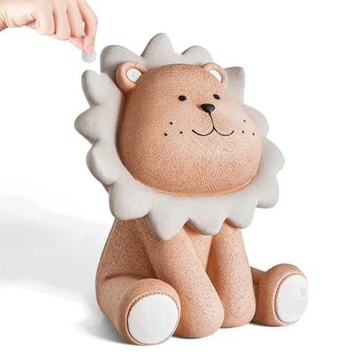 WEGREAT Tirelire pour enfants : lion en résine marron, cadeau pour garçons et filles, anniversaires, fêtes prénatales, Noël