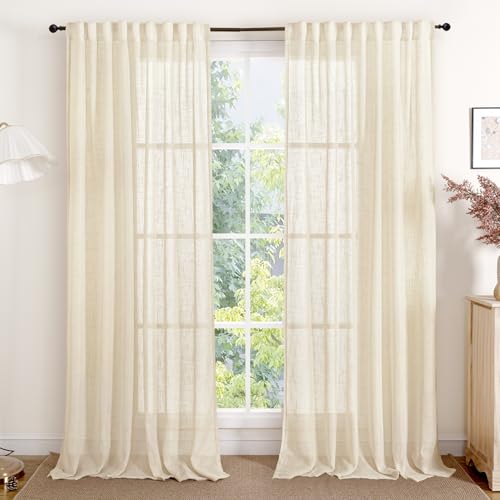 YoungsTex Linen Semi Sheer Curtains 95 Inch Length 2 Panels, Beige Light Filtering Drapes Textured Rustic with Rod Pocket Back Tab for Bedroom Living Room, 52 X 95 Inch