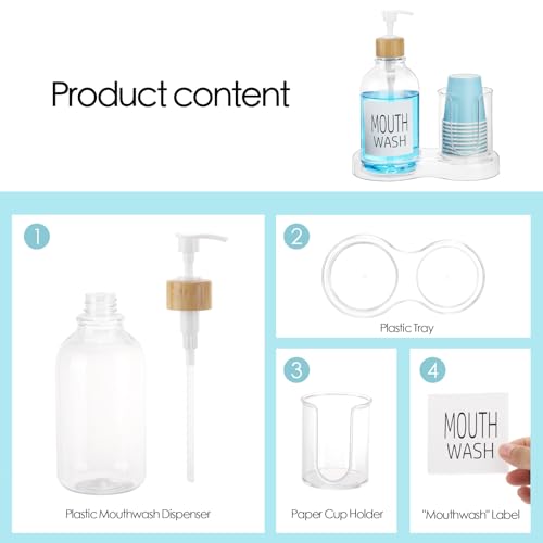 Image of Mouthwash Dispenser for Bathroom, 16oz Plastic Mouthwash Dispenser with Cup Holder and Tray Mouth Wash Bottle Container - Clear
