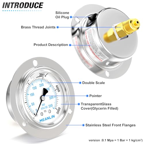 MEANLIN MEASURE 0~350BAR/0~5000PSI Flüssigkeitsmanometer, Frontflanschmontage, 1/4BSP 2.5FACE DIAL Edelstahlgehäuse mit Kreuzschlitzschraube und Mutter,+/-3-2-3%