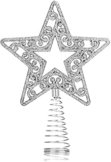 AKH® Silver Christmas Tree Topper Star | 19cm Size | Glittered Metal Christmas Tree Topper |Glitter Xmas Trees Top Decoration |Christmas Tree Top Star |For Christmas Decoration |Xmas Treetop Ornaments