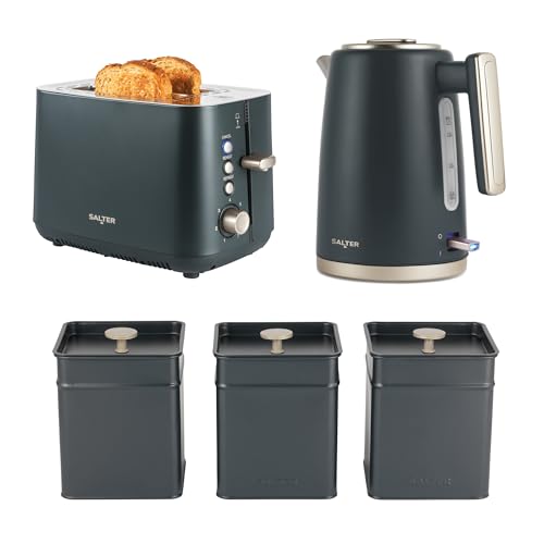 Salter Marino Kettle, Toaster & Canister Set - 1.7L 3KW Rapid Boil Kettle, 2-Slice Toaster with 7 Browning Levels, Tea Coffee Sugar Storage Tins, Durable & Easy Clean, Blue/Grey Finish