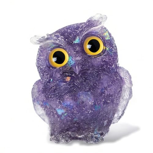 OwMell Owl Statue Tumbled Stone Gemstone Owl Figurine Home Shelf Décor