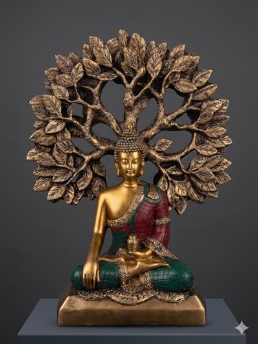 Image of Meditating Buddha Statue Under Bodhi Tree for Home Decor - Golden Gautama Buddha Figurine for Living Room, Office & Vastu (Golden, Red, Blue)