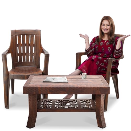 Image of MAHARAJA Classic Plastic Table & Chair Set | Elegant Design, Sturdy Build | Perfect for Home, Office & Garden Use (Teakwood, 2 Chair+1 Table)