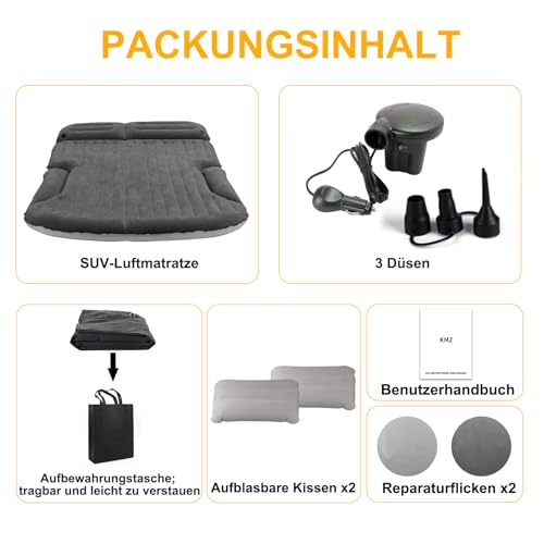 KMZ Auto Matratze, 2 Kissen Auto Luftmatratze, Doppelseitige Verdickte Beflockung Automatratze Camping Aufblasbaren Autobett für Kofferraum Rückbank (Dunkelgrau)