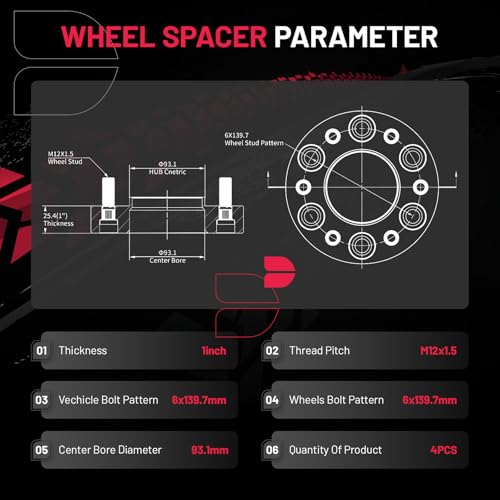 Image of BDFHYK 6x139.7mm Wheel Spacers 1 inch 6x5.5 Hubcentric Wheel Spacer Compatible with 21-23 Bronco,11-23 Ranger, Forged 6 Lug Wheel Adapters M12x1.5 & 93.1mm Hub Bore, Set of 4