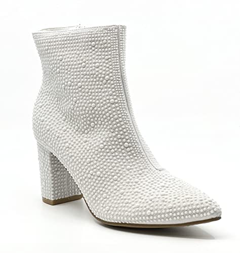 Women Rhinestone Block Chunky Heel Ankle Bootie Iceberg 12 By Forever shoes Ivory Size 93