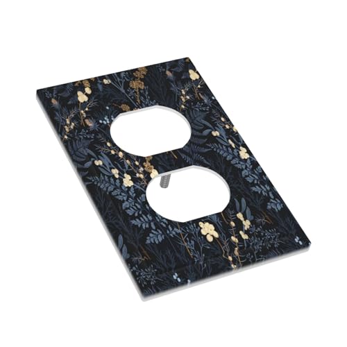 Decorative Outlet Covers Rustic Navy Dark Blue Leaves Golden Floral 1 Gang Duplex Light Switch Cover Plate Unique Wall Plate Electrical Switch Plate Covers for Bedroom Home Decor