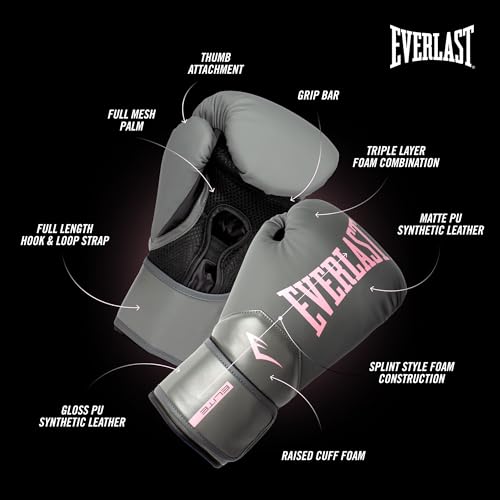 Image of Everlast Elite 2 Womens Boxing Gloves | Vegan Leather Boxing Gloves for Women and Children & Ventilation | Cardio, Speedbag, and Heavy Bag Training Gloves (8 oz, Grey and Pink)
