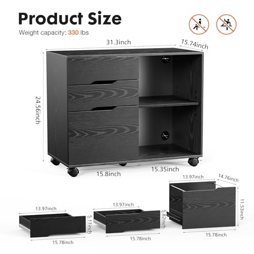 NEWBULIG 3 Drawers Mobile File Cabinet,Wood Lateral Rolling Filing Cabinet,Printer Stand with Open Adjustable Storage Shelves and Wheels for Home Office,Black - Thumbnail 2