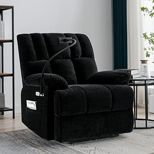 FLUSGO Power Overstuffed Lazy Boy Recliner Chair with Phone Holder, USB Port & Integrated Arms, Chenille Fabric Ergonomic Power Recliner Chair with High Resilience Sponge Side Pockets