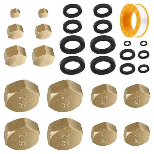  Neikafan 14 Pezzi Tappo Ottone Nichelato 1/8 1/4 3/8 1/2 3/4 Tubo Tappo Filettato Femmina, Tappo Cieco 1/8 1/4 3/8 1/2 3/4 e Guarnizione 14Pcs con Teflon Idraulico per Tubo Flessibile Acqua