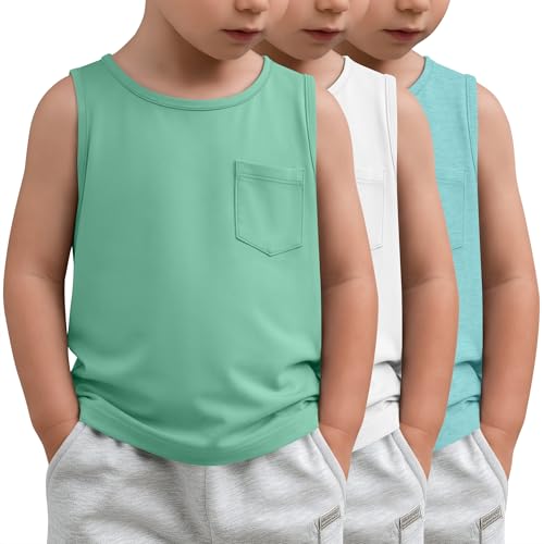 Langyiwee 3 Pack Toddler Boys Tank Tops 18M-5T Sleeveless Summer Shirts for Baby Boys Soft Tanks with Pocket for Preschool(2T Green White Turquoise)