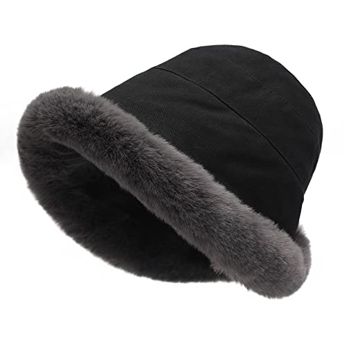 ZLYC Women Winter Furry Bucket Hat Rolled Brim Faux Fur Cloche Hat with Fleece Lining(Solid Black)