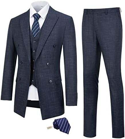 Mens Plaid Suit Slim Fit 3 Piece Double Breasted Navy Blue Plaid Tuxedo Jacket Vest Pants Set with Tie Prom Party 3XL