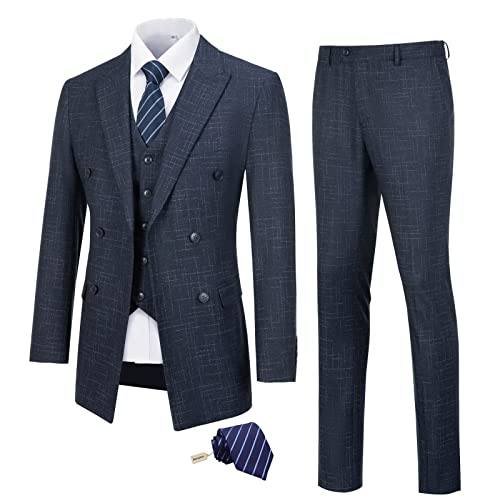 Mens Plaid Suit Slim Fit 3 Piece Double Breasted Navy Blue Plaid Tuxedo Jacket Vest Pants Set With Tie Prom Party 3Xl #TOP3