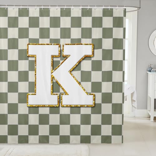 Image of Erosebridal Sage Green Checkered Shower Curtain 72 inch Wx78 L Plaid Initial K Bathroom Curtain Personalized Monogram Bathroom Accessories for Kids Adults,Fashion Grids Gingham Shower Decor