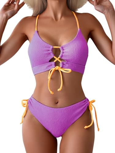 Image of B2prity Tie Bikini Top Set Sexy Push Up 2 Piece Swimsuit Color Block Bathing Suit Full Coverage Swimwear for Curvy Women