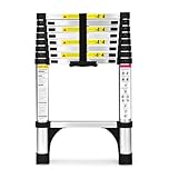 HBTower Telescopic Ladder with Non-Slip Feet, 2.6M/8.5FT Thickened High-Strength Aluminum Extendable ladders, Adjustable Height Collapsible Ladder for Caravans lofts, Indoors and Out,Silver