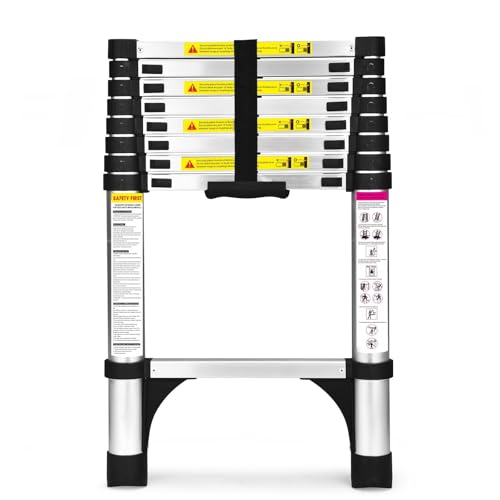 HBTower Telescopic Ladder with Non-Slip Feet 2.6M/8.5FT Thickened High-Strength Aluminum Extendable ladders Adjustable Height Collapsible Ladder for Caravans lofts Indoors and Out Silver