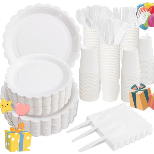 LIYH 350 Pcs White Paper Plates and Napkins 50 Guest Party Supplies Include White Scalloped Disposable Paper Plates Cocktail Napkins Cups Cutlery for Baby Shower,Birthday
