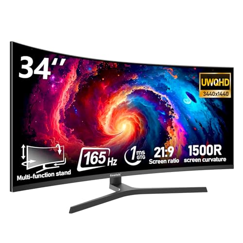 Gawfolk 34" inch Gaming Monitor UWQHD 165Hz Ultrawide 21:9 Curved 1500R Computer Monitor 3440x1440 1ms(GTG) PBP/PIP FreeSync 99% sRGB HDR VESA With Tilt/Height/Swivel Adjustable