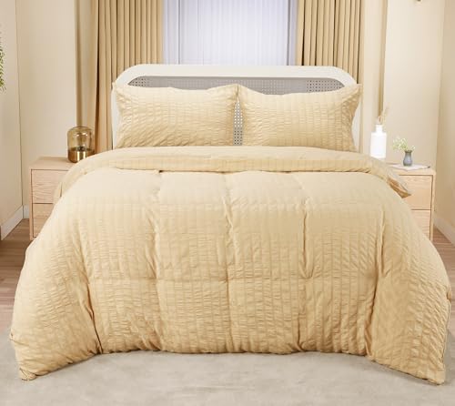 Utopia Bedding Seersucker Funda Nordica Cama 105 - Juego de Funda Nórdica de Microfibra Seersucker 200x200 cm y 2 Funda de Almohada 50x75 cm (Beige)