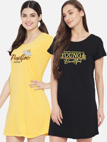 Image of Fflirtygo Women's Cotton Nighty | Printed Knee Length Nighty | Short Sleeve Nighty | Short Nightdress | Long T-Shirt | Regular Fit Night Gown | Nightwear | Sleepwear & Casual Wear Nighty