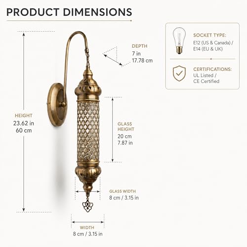 Image of Angora James Turkish Wall Sconce Decorative Light, 23.62 inch Handcrafted Metal & Blown Glass Lamp, Elegant Moroccan Design, Made in Turkey, Unique Wall Lighting Fixture for Indoor