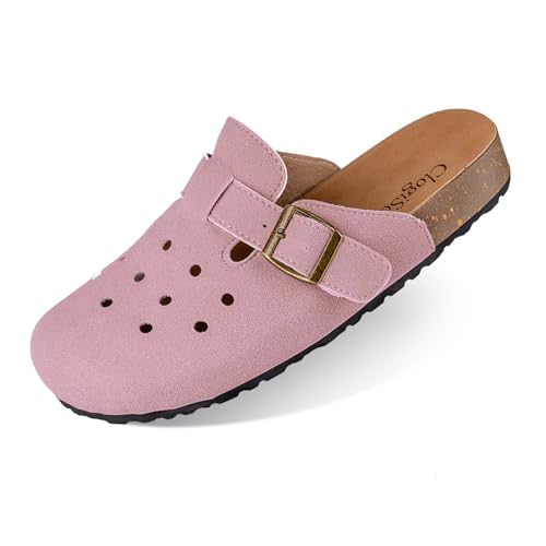 ClogiSole Women's Suede Clogs Leather Mules Cork Footbed Sandals Potato Shoes Soft Comfort Clog Slippers Pink Size 8