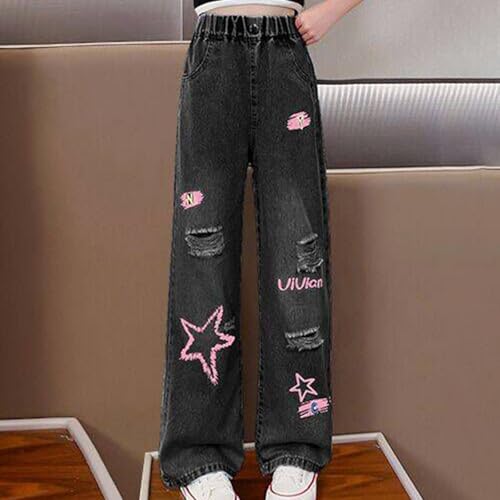 Little Girl Baggy Ripped Jeans Heart Applique High Rise Jeans Floor Length Toddler Clothes for Girls Black3