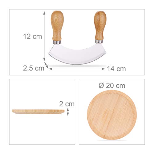 Foto von Relaxdays Wiegemesser mit Brett, einschneidige Klinge für Kräuter, mit Mulde, Edelstahl & Bambus, HxD: 2 x 20 cm, natur, Silber