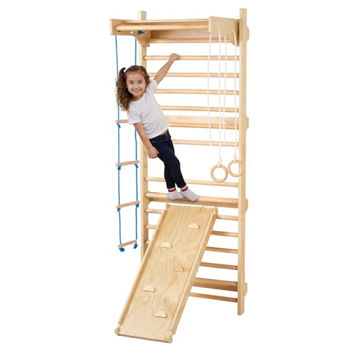 VEVOR 5 en 1 Juguetes de Escalada de Madera, Carga de 99,8 kg, Escalera Sueca de Pared con Barra de Dominadas, Anillos de Gimnasio, Escalera de Cuerda, Escalera de Pared, Tablero Deslizante