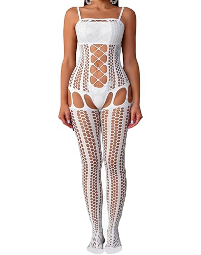 Leypafy Fishnet Bodys Sexy Nuisettes Rave Tenues Femmes Bas de Lingerie Bodystocking Collant Ouverte(STLT-Blanc)