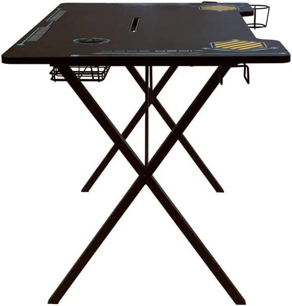 Atlantic Viper 3000 Gaming Desk – Single Laminated Surface, Heavy-Duty Steel X-Legs, Integrated LED, 3 USB 3.0 Ports, Smart Device Slot, Surge Protector Tray, Headset Hooks, PN 33906164 - Black
