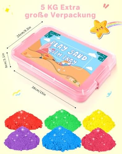 AtMini Wonder Sand Rainbow Mix Set - 5 kg Play Sand with 6 Colours, Kneading Sand for Children Sandbox with Lid for Children 3 4 5 6 7+ Years Old (Pink)