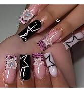24 Pcs Pink Press on Nails Medium Square - SHANRUN Summer Fake Nails Press ons French Nail Art Ti...