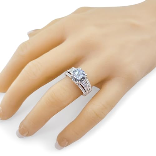 3.00 Carat Simulate Diamond Engagement Ring-Round & Baguette 5.00ct twt-Platinum Plated Sterling Silver4