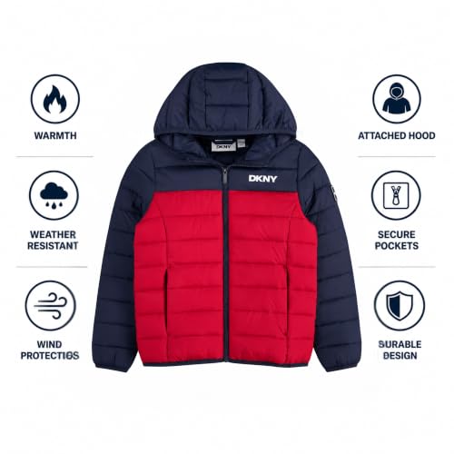 Image of DKNY Boys Winter Jacket, Midweight Puffer Coat, Weather Resistant, Hooded
