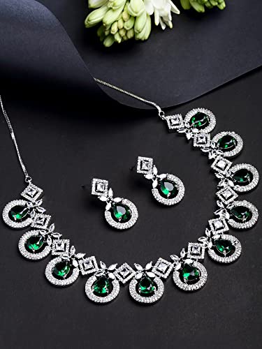 Image of Karatcart Silver Tone Green American Diamond Studded Necklace Set for Women