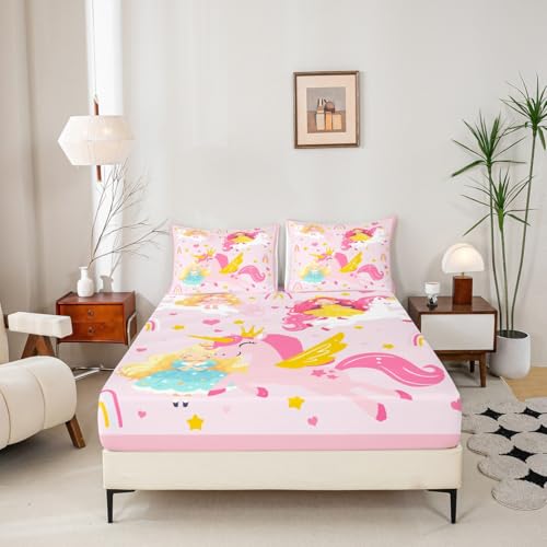 Drap-housse licorne rose lit double avec 2 taies d'oreiller pour chambre enfant - 4