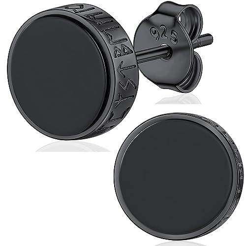 Silvora 925 Sterling Silver Viking Rune Stud Black Earrings For Men Women, Men Earring Stud with Gift Box