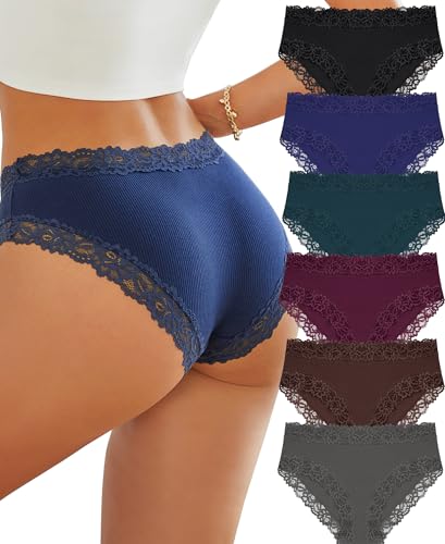 Image of Knowyou Cotton Underwear for Women No Roll Soft Panties No Dig Lace Waist Hipster Breathable Cheeky Lingerie for Women