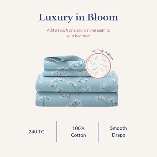 Image of Jaipur Weaves Cotton King Size Bedsheet 108x108 Super King, 100% Pure Cotton Bed Sheet with 2 Pillow Covers, 240 TC Soft Breathable Floral Design Bedding - (Blue, Super King)