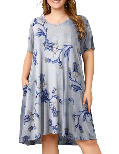 Image of OVERWORETY Womens Short Sleeve Plus Size T-Shirt Dress V Neck Casual Loose Swing A-Line Summer Tunic Dresses with Pockets