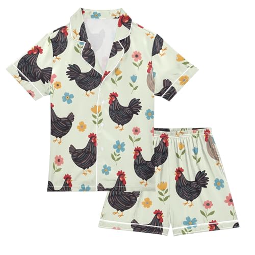 Satin Pajama Sets Short Sleeve Chicken Flowers on Light Button Down Silky Nightwear 2 Piece PJS 5-14Y