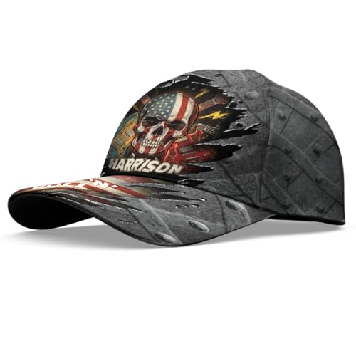 Image of Skull Baseball Cap for Men, Grim Reaper Death Crack Old Metal with Flag, Men's Hat, Adjustable Motorcycle Soft Caps