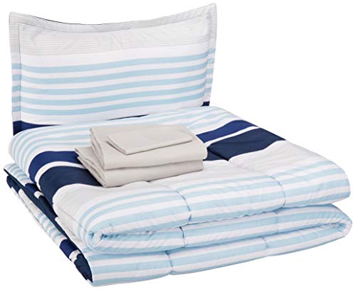Amazon Basics Kid's Easy Care Microfiber Bed-in-a-Bag 5-Piece Bedding Set, Twin, Navy Stripes